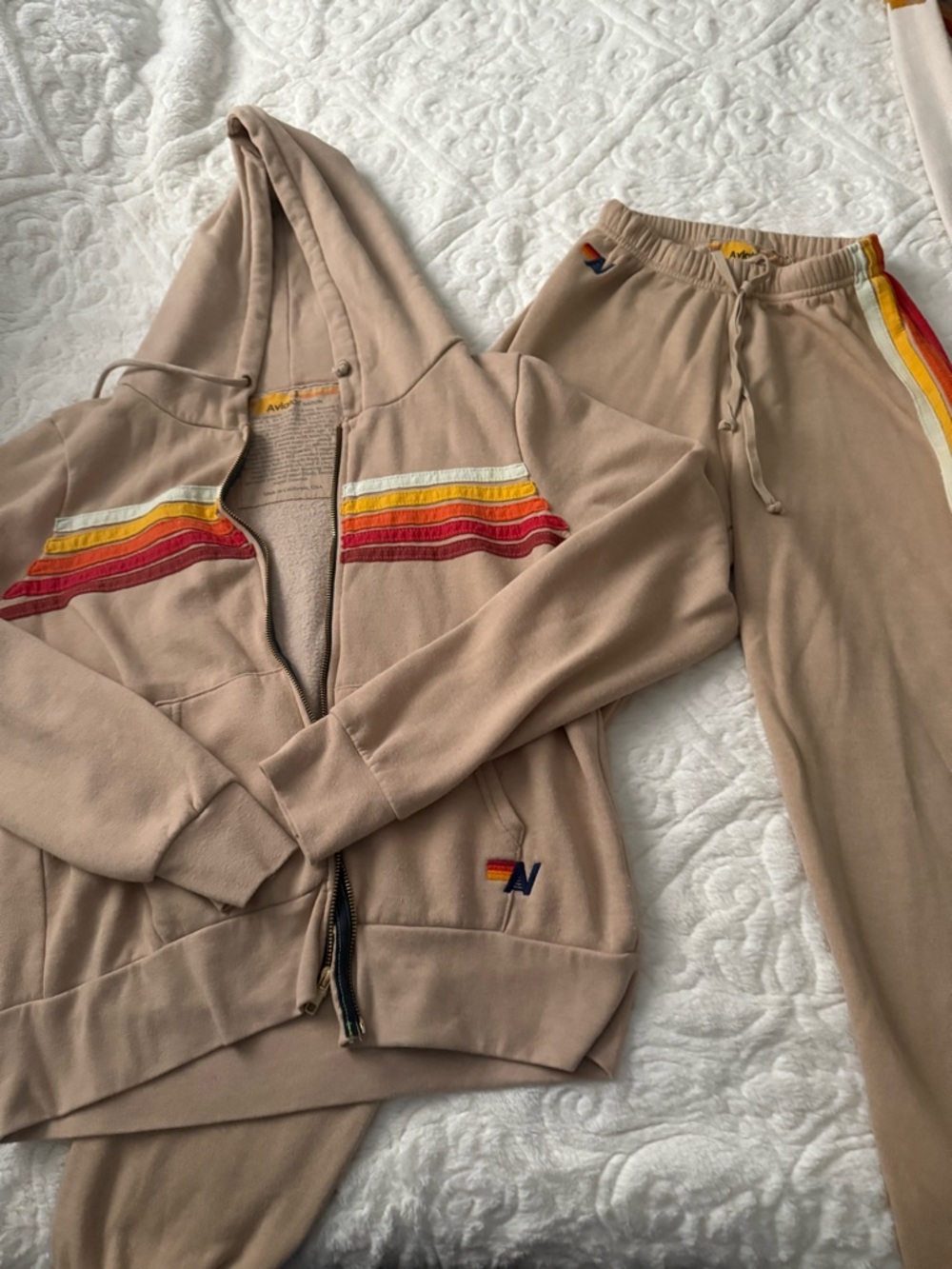 Aviator Nation Cream Hoodie with Yellow & Orange Logo Stripe